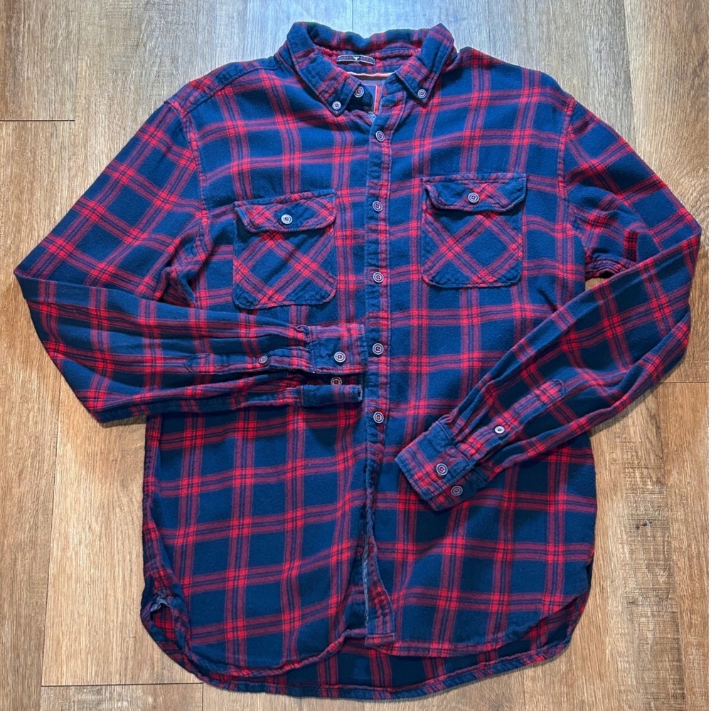 Denim & Flower Mens Slim Fit Flannel Shirt Red Navy Plaid Size M Long Sleeve